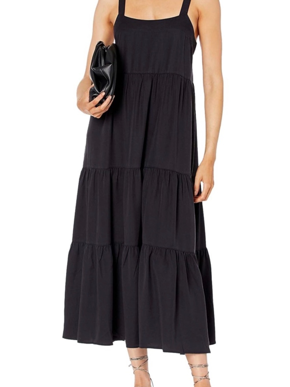Sleeveless Black Tiered Maxi Dress with Square Neckline